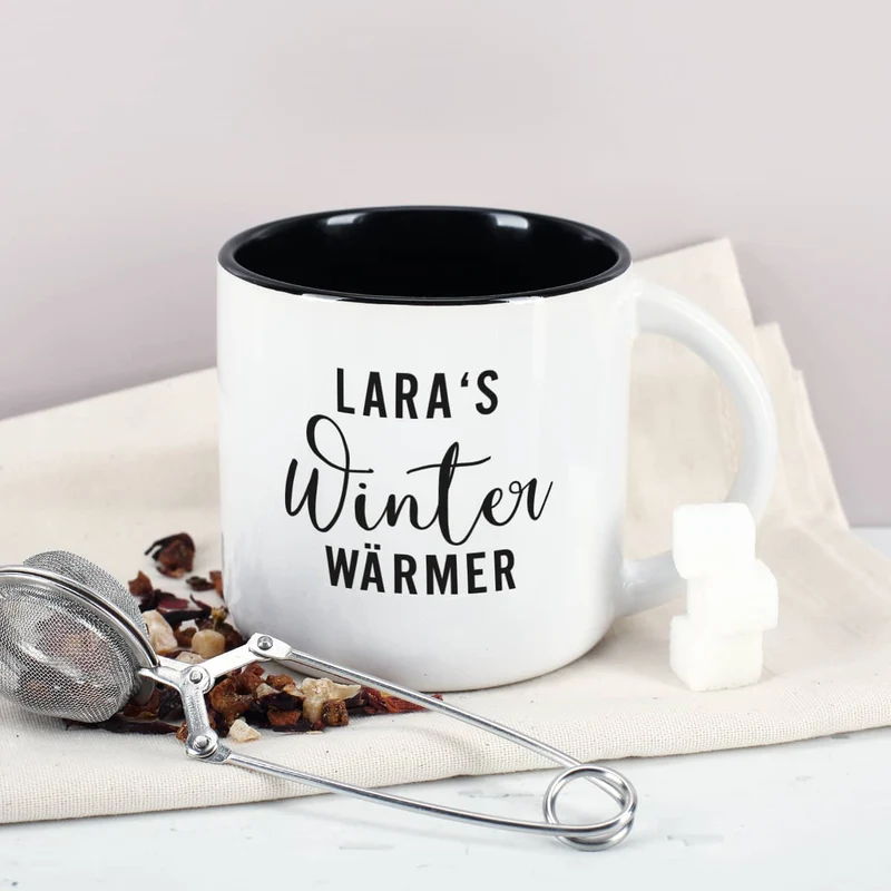 Große Tasse - Winter Wärmer - innen schwarz und mit Ihrem Namen
