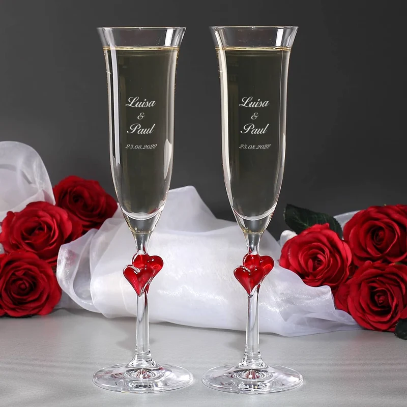 2 gravierte Sektgläser L'Amour mit roten Herzen zur Hochzeit