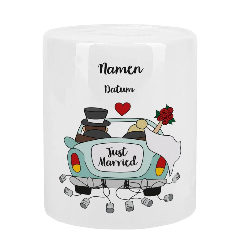 Spardose zur Hochzeit mit Hochzeitsauto als Motiv, Namen und Datum
