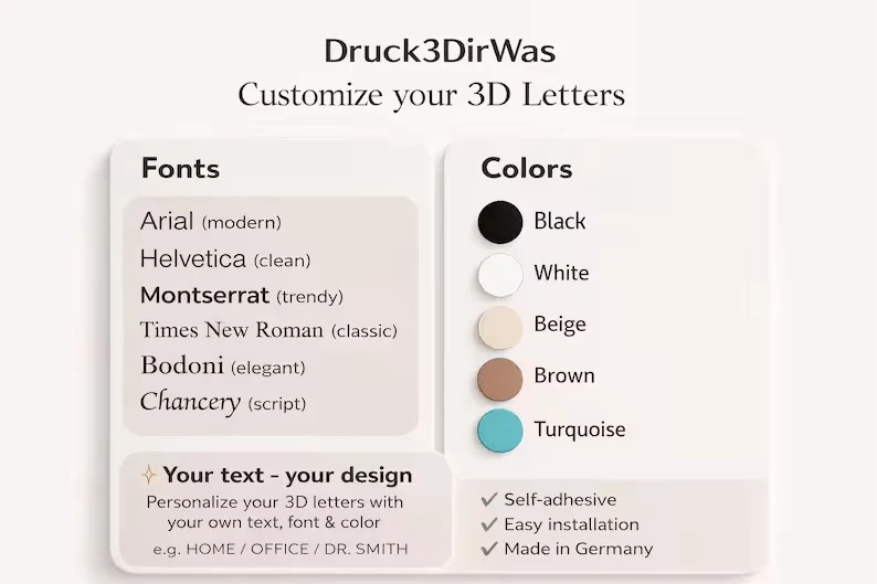 selbstklebend 3D Buchstaben personalisiert – 3D Wandschriftzug individuell – Türschild Büro Praxis – Wunschtext