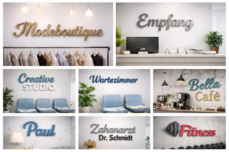selbstklebend 3D Buchstaben personalisiert – 3D Wandschriftzug individuell – Türschild Büro Praxis – Wunschtext