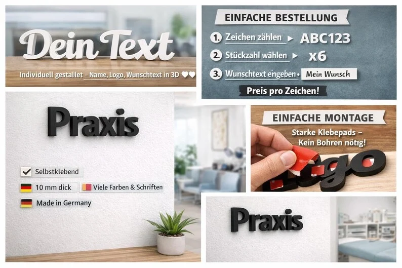 selbstklebend 3D Buchstaben personalisiert – 3D Wandschriftzug individuell – Türschild Büro Praxis – Wunschtext