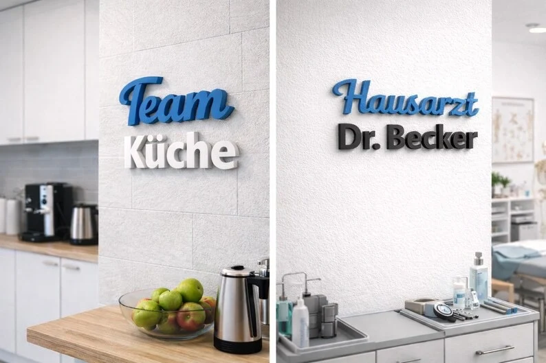 selbstklebend 3D Buchstaben personalisiert – 3D Wandschriftzug individuell – Türschild Büro Praxis – Wunschtext