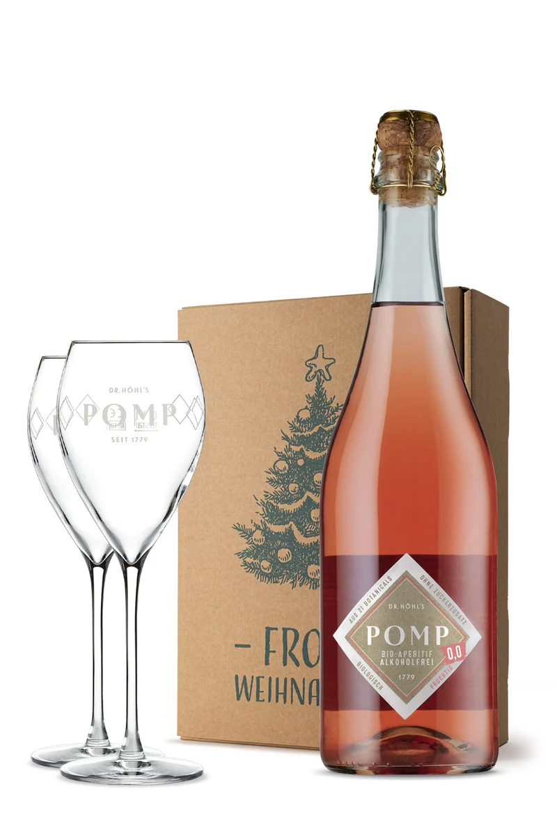 Gourmet Weihnachts­geschenk Set Rosé alkoholfrei mit Gläsern „Frohe Weihnachten“