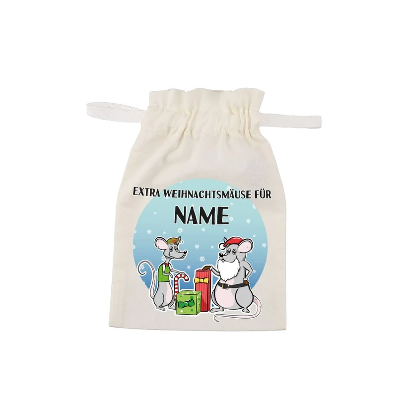 Stoffsack "Extra Weihnachtsmäuse" mit Ihrem Wunschnamen bedruckt