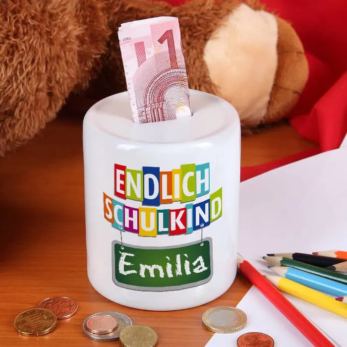 Endlich Schulkind - Spardose mit Namensaufdruck