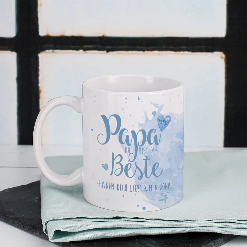 Tasse "Papa Du bist der Beste" mit Wunschtext in verschiedenen Farben