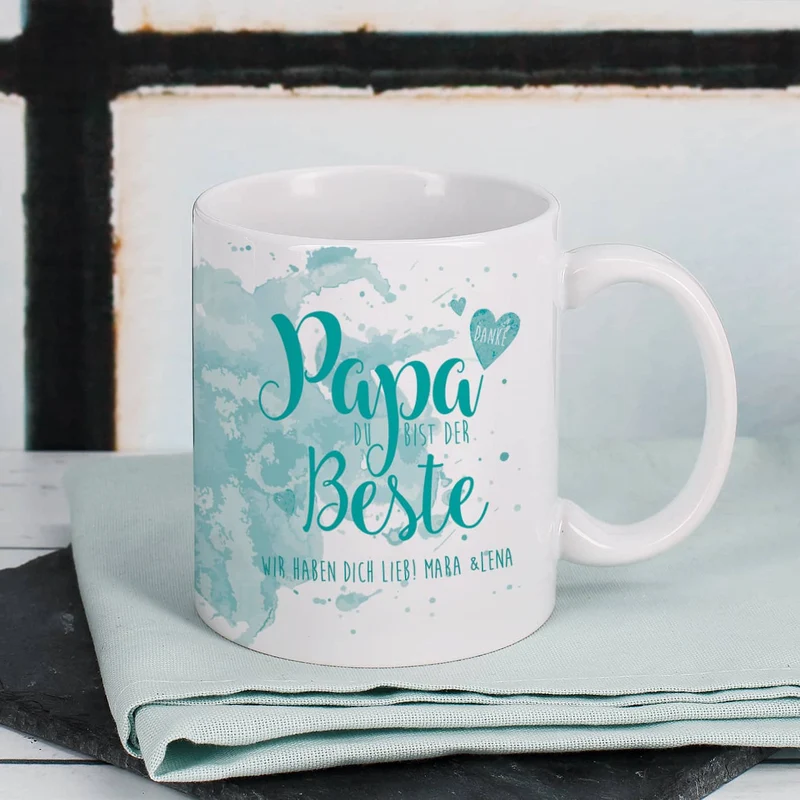 Tasse "Papa Du bist der Beste" mit Wunschtext in verschiedenen Farben