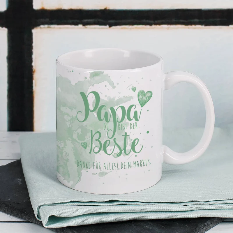 Tasse "Papa Du bist der Beste" mit Wunschtext in verschiedenen Farben
