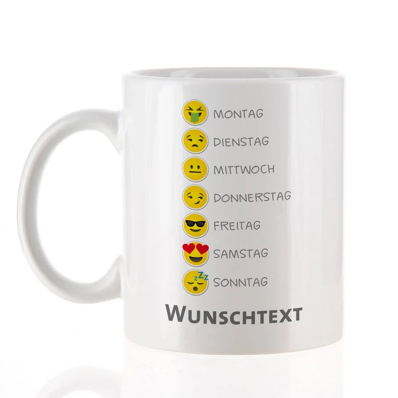Emoticon Tasse mit Wochentagen und Ihrem Wunschtext