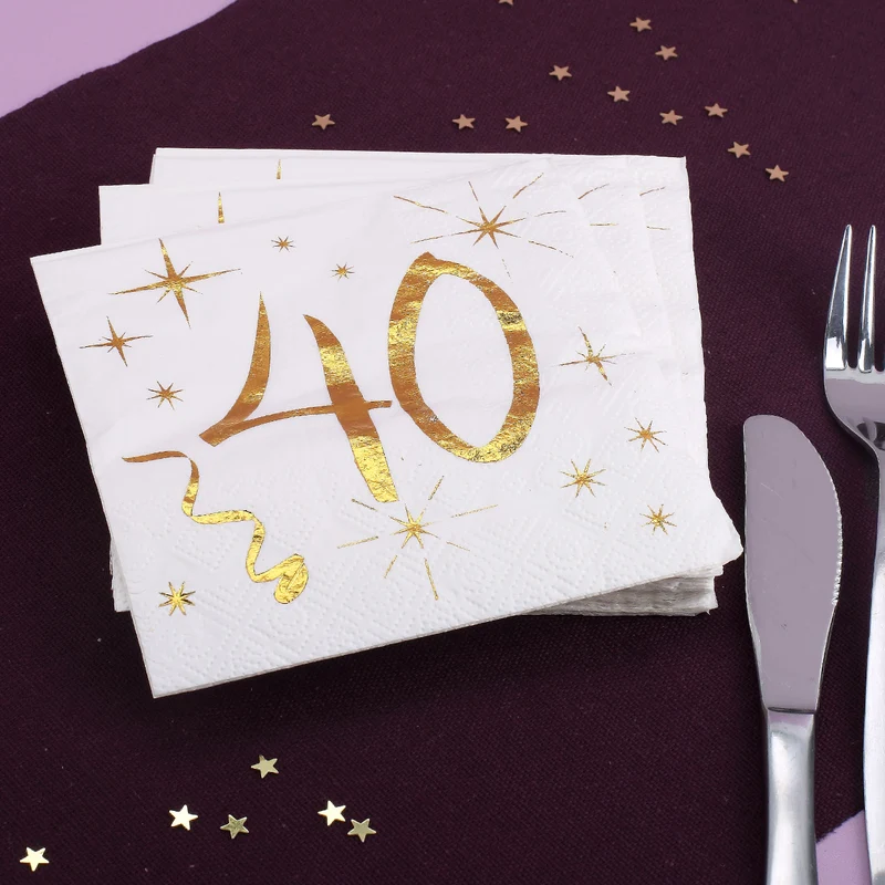 Weiße Servietten zum 40. Geburtstag in Gold-Metallic