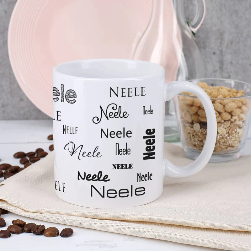 schlichte Tasse mit Ihrem Wunschnamen - schwarz und weiß