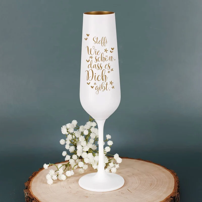 Wie schön, dass es Dich gibt. - Sektglas in weiß-gold mit Ihrem Wunschnamen