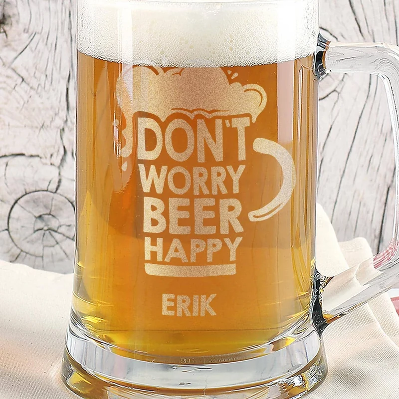 Gravierter Bierseidel DON`T WORRY BEER HAPPY mit Wunschname