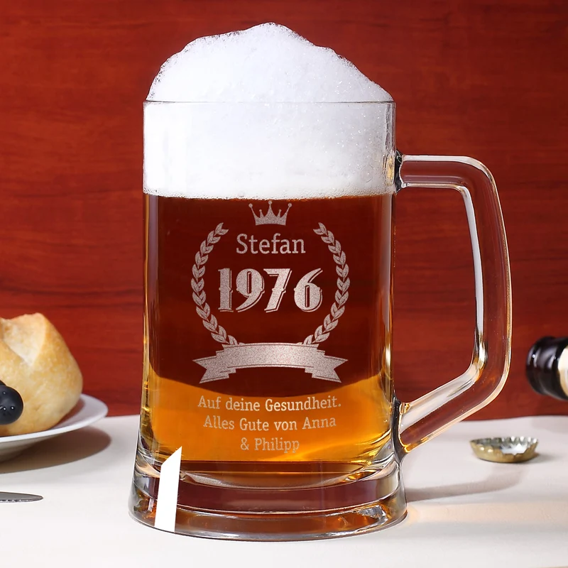 Bierglas mit Name, Geburtsjahr und Wunschtext
