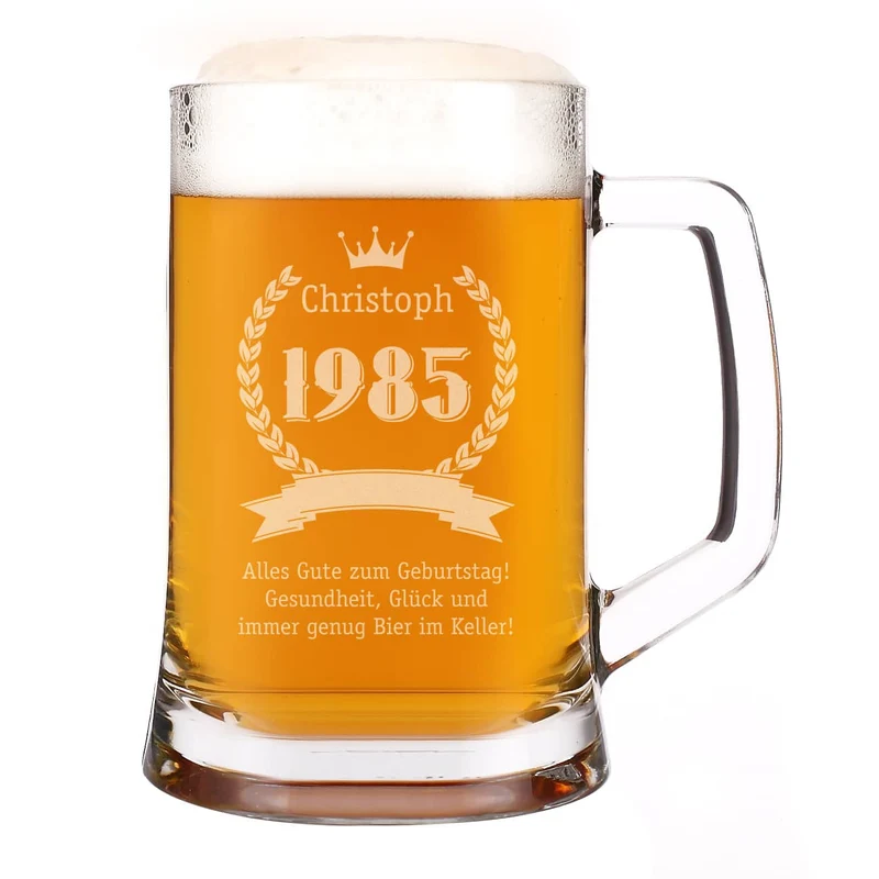 Bierglas mit Name, Geburtsjahr und Wunschtext