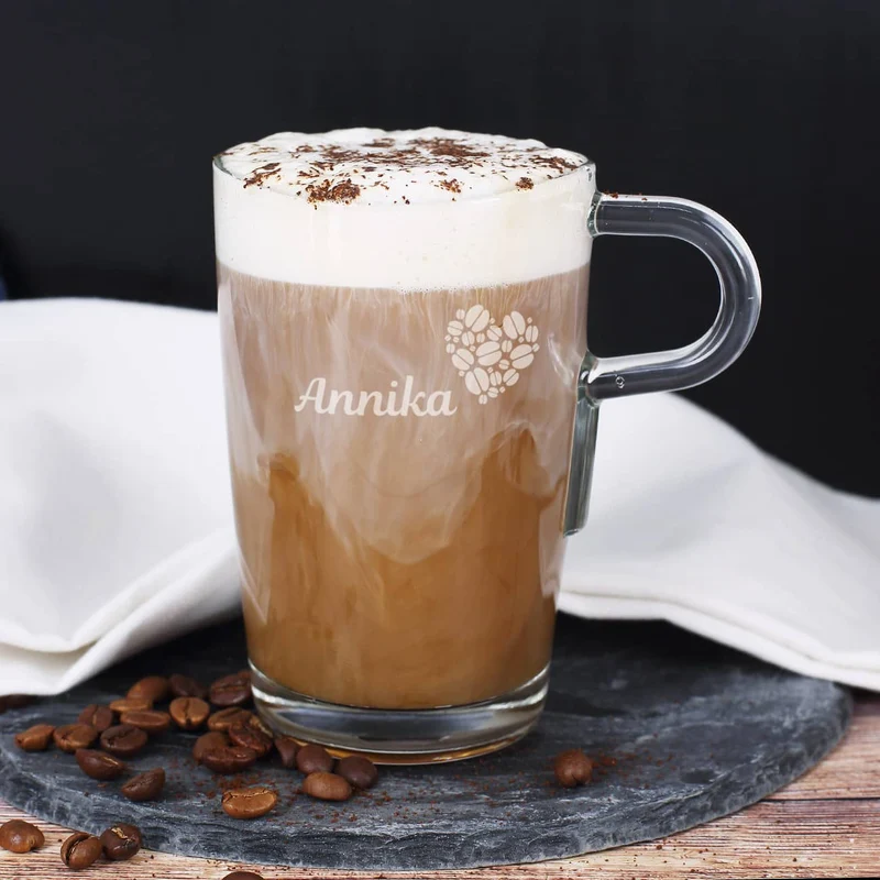 Großes Glas Kaffeeherz mit Namensgravur