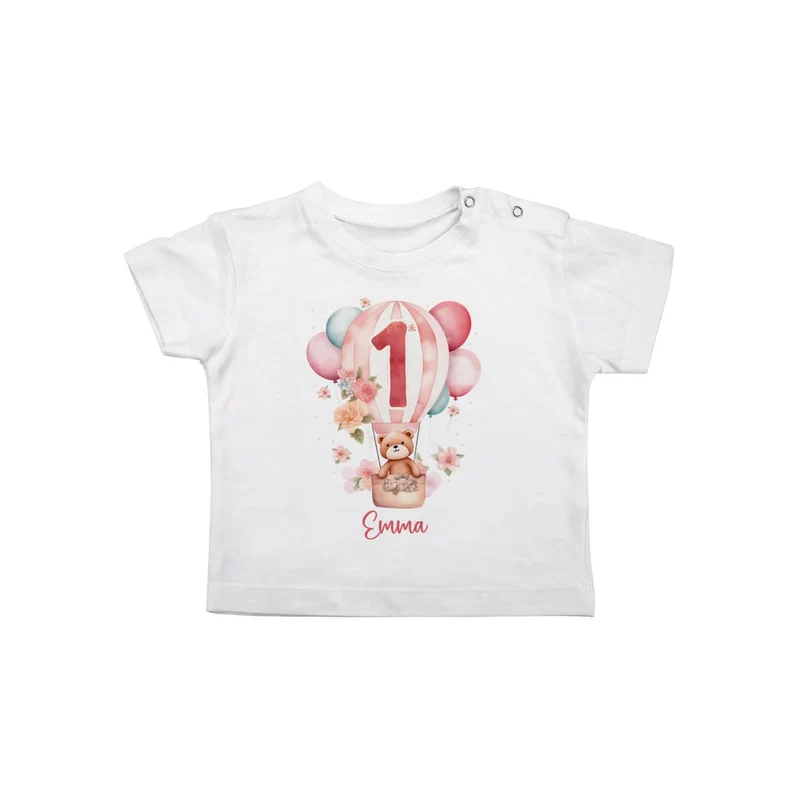 Geburtstagshirt Baby mit großer 1, Teddy im Heißluftballon, Blumen und Name