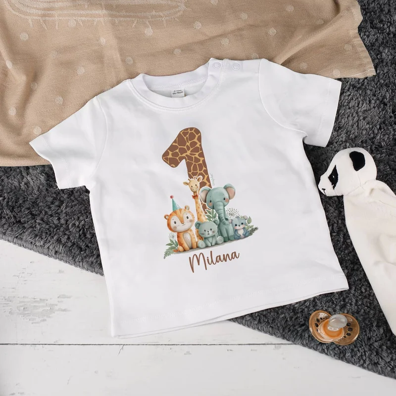 Baby T-Shirt - Geburtstagshirt - mit großer 1, Wildtieren und Name
