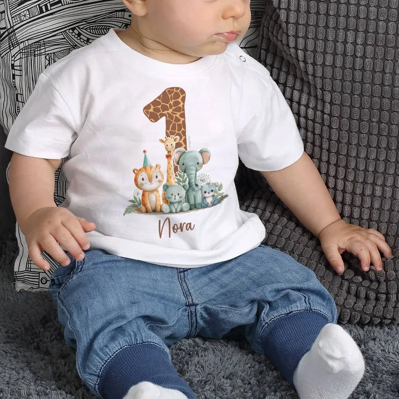 Baby T-Shirt - Geburtstagshirt - mit großer 1, Wildtieren und Name