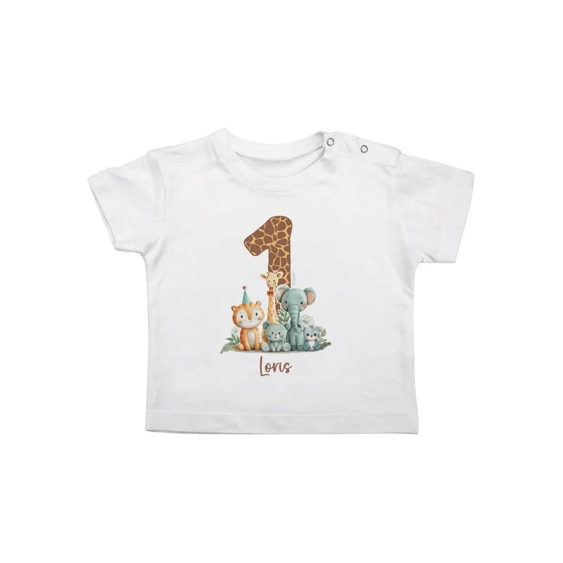 Baby T-Shirt - Geburtstagshirt - mit großer 1, Wildtieren und Name