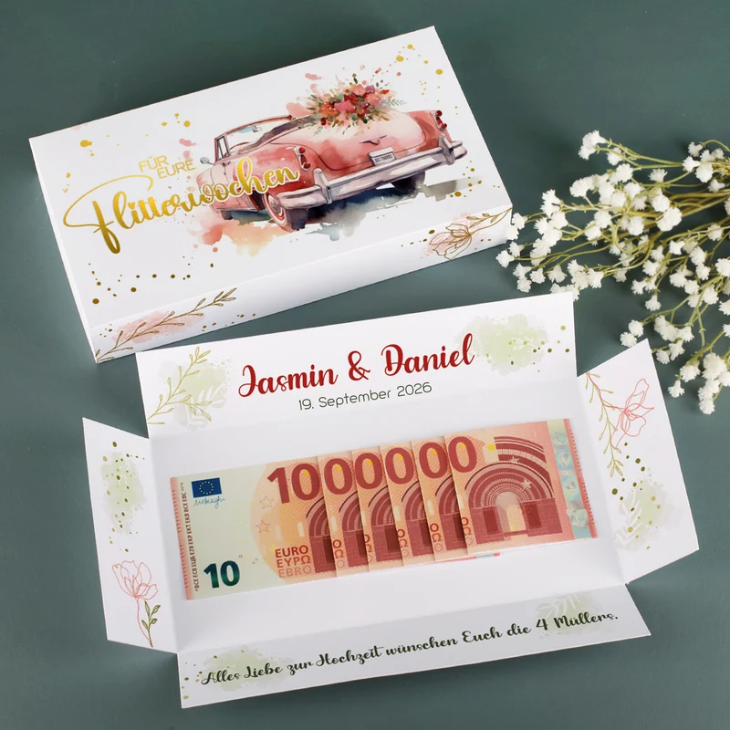 Geldgeschenk zur Hochzeit - persönliche Geschenkbox mit Goldfolie veredelt