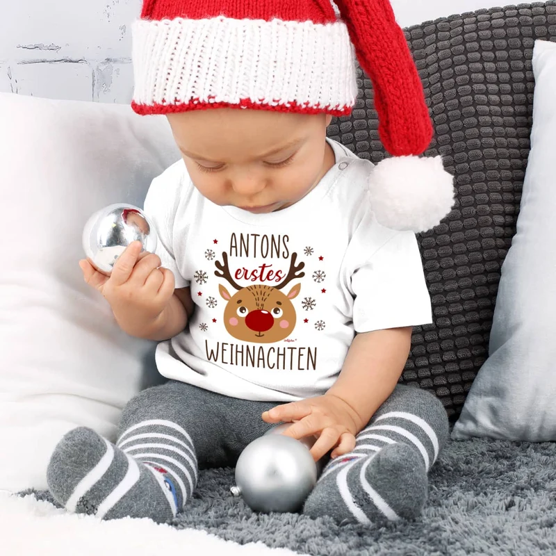 Baby T-Shirt - erstes Weihnachten - mit Name und niedlichem Rentiermotiv