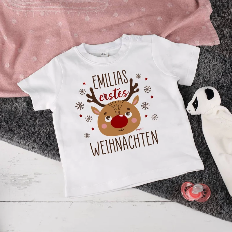 Baby T-Shirt - erstes Weihnachten - mit Name und niedlichem Rentiermotiv