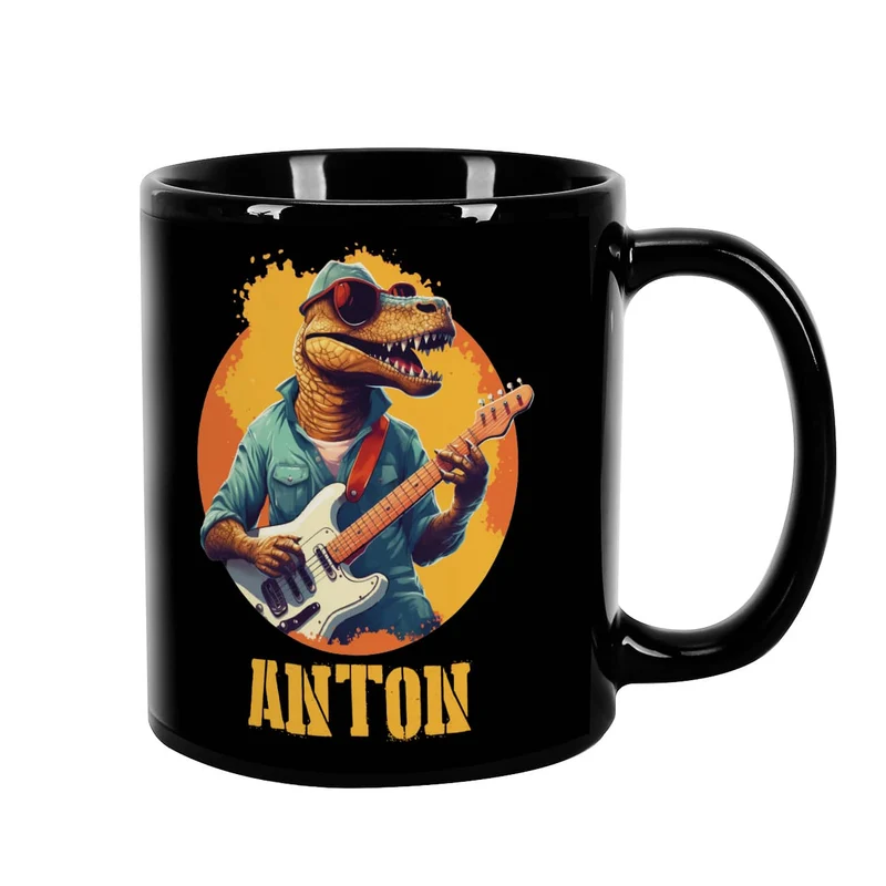 Coole Tasse in schwarz mit Crazy-Dinos und Ihrem Wunschnamen bedruckt