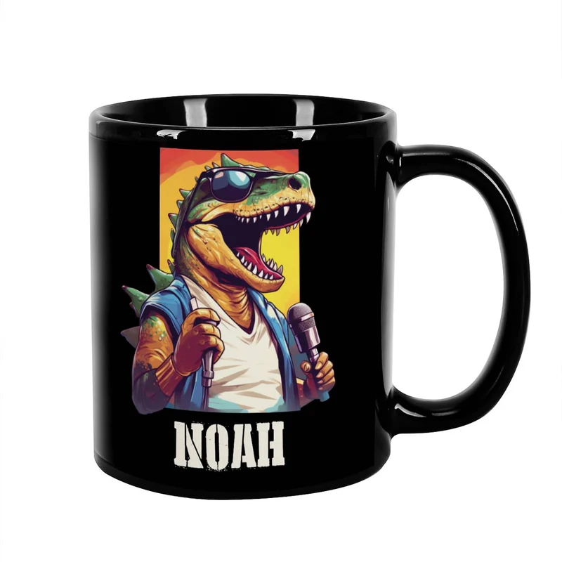 Coole Tasse in schwarz mit Crazy-Dinos und Ihrem Wunschnamen bedruckt