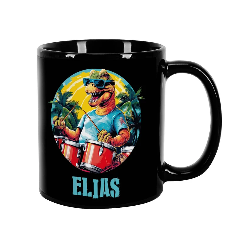 Coole Tasse in schwarz mit Crazy-Dinos und Ihrem Wunschnamen bedruckt
