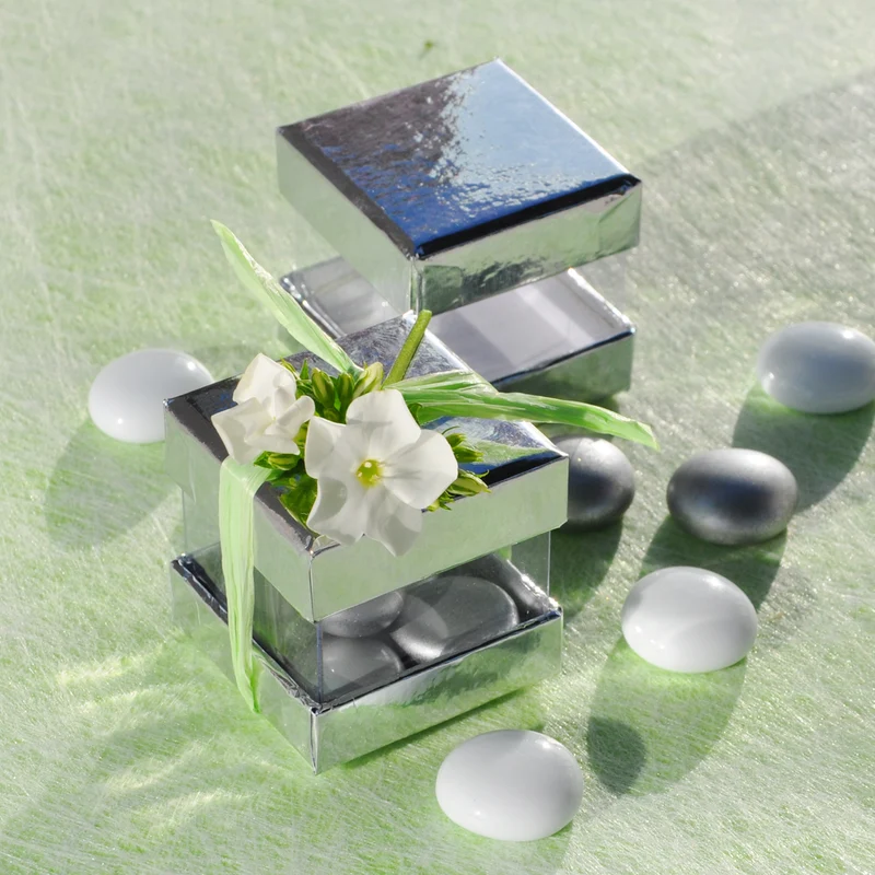 6 viereckige Dekoboxen in silber