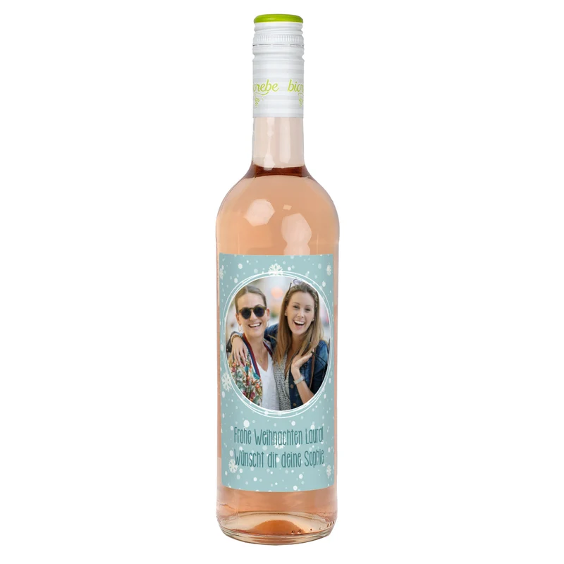 Weinflasche mit persönlichem Etikett und Foto zu Weihnachten | Biorebe Wein als Geschenk