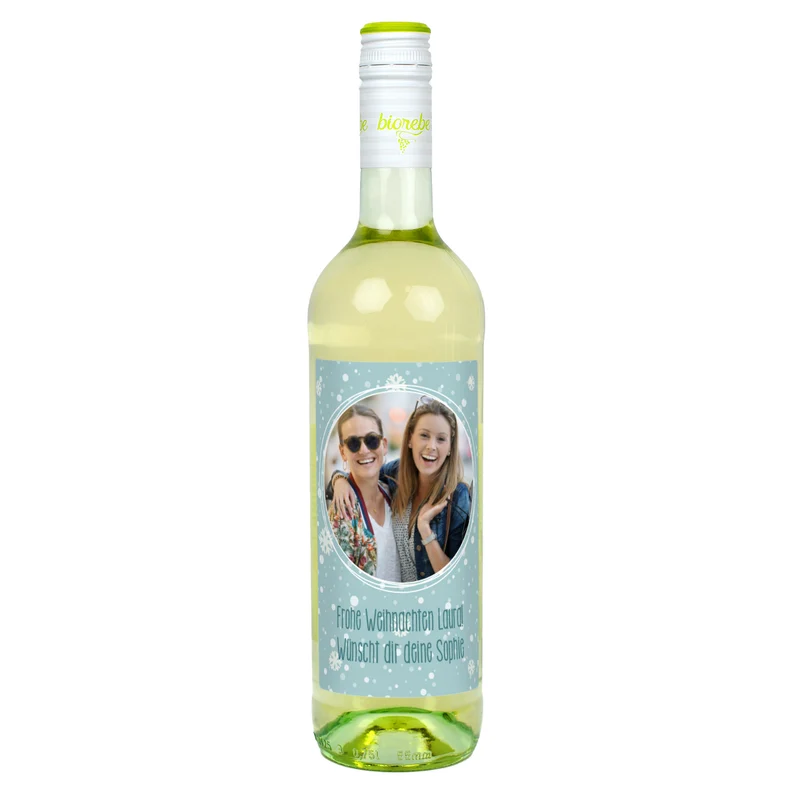 Weinflasche mit persönlichem Etikett und Foto zu Weihnachten | Biorebe Wein als Geschenk