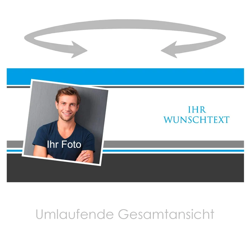 Fototasse mit Ihrem Wunschtext in Blau und Grau