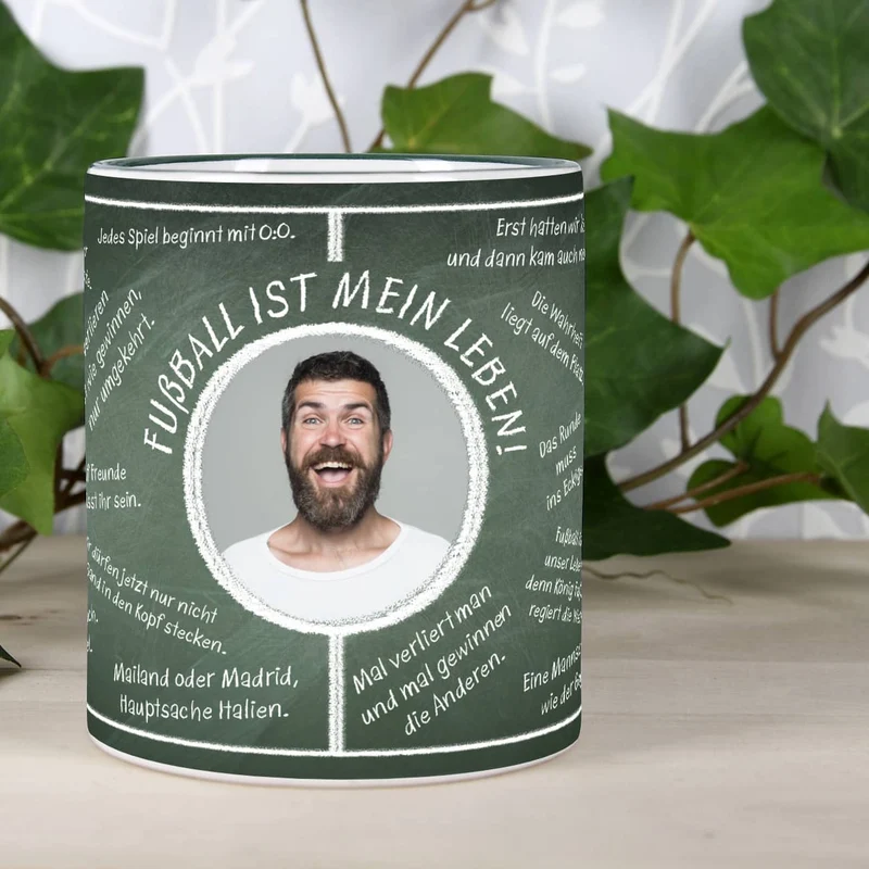 Fussball-Fan-Tasse bedruckt mit Fussballweisheiten und Wunschtext und Foto
