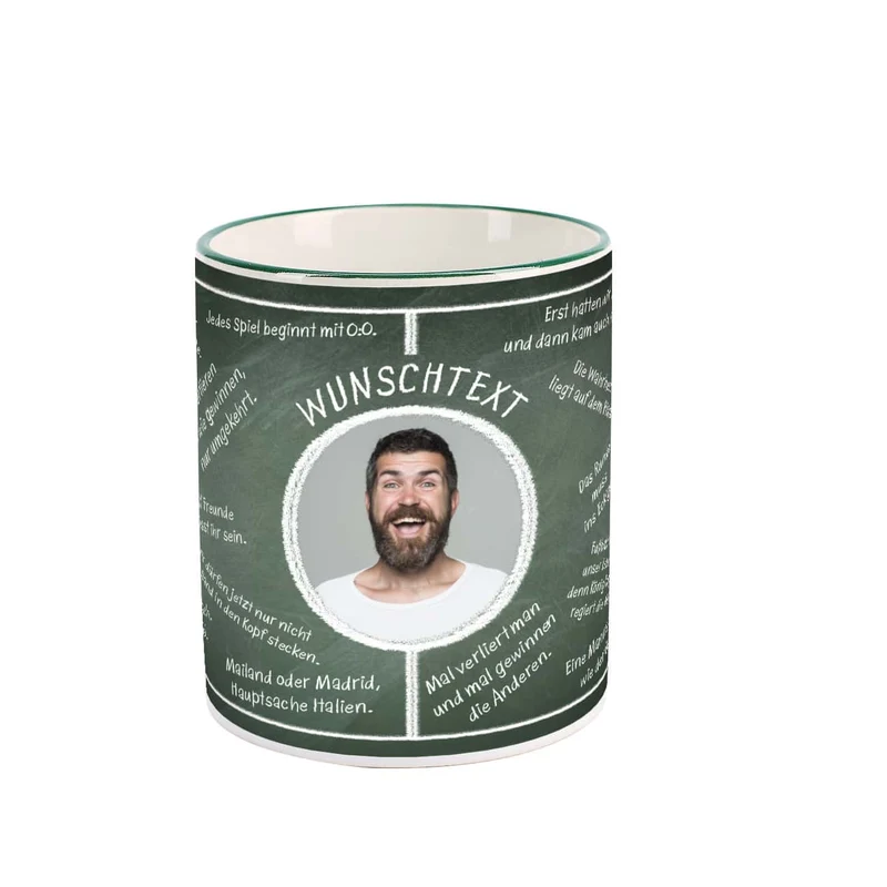 Fussball-Fan-Tasse bedruckt mit Fussballweisheiten und Wunschtext und Foto