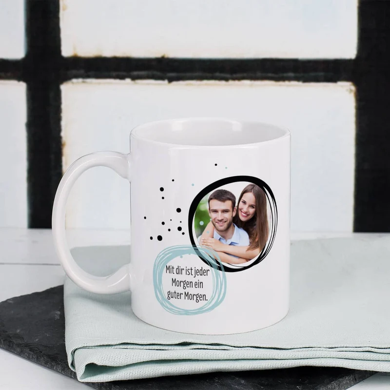 Weiße Keramiktasse mit Ihrem Foto und Wunschtext