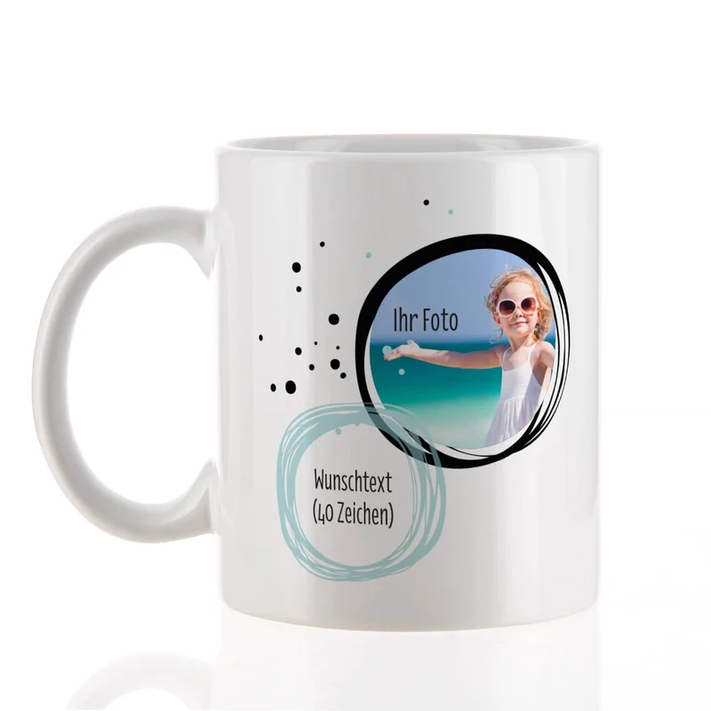 Weiße Keramiktasse mit Ihrem Foto und Wunschtext