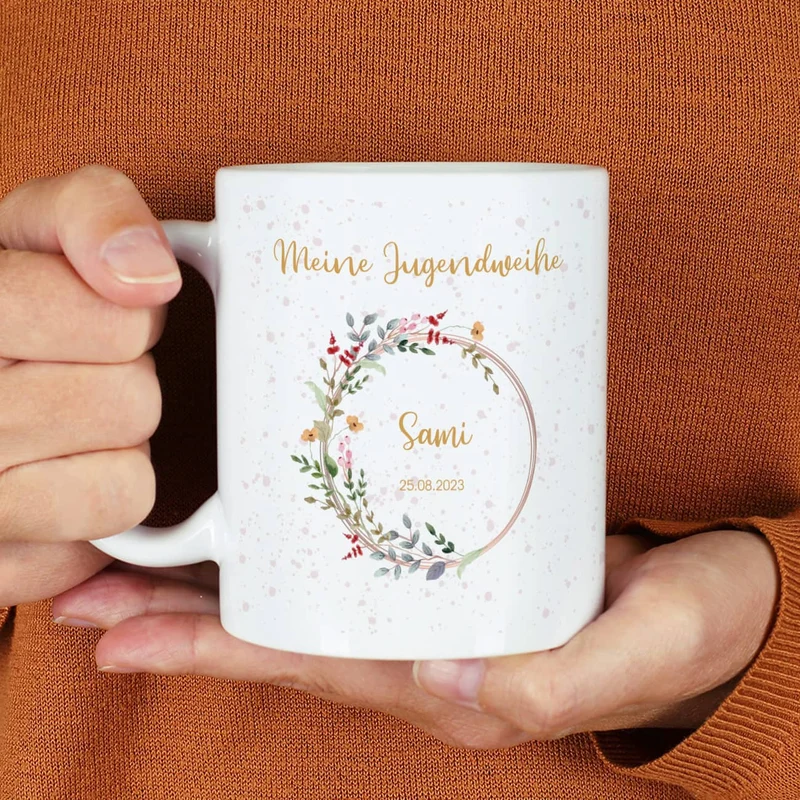 Tasse zur Jugendweihe mit Wildblumenmotiv im Watercolor Stil mit Name und Datum