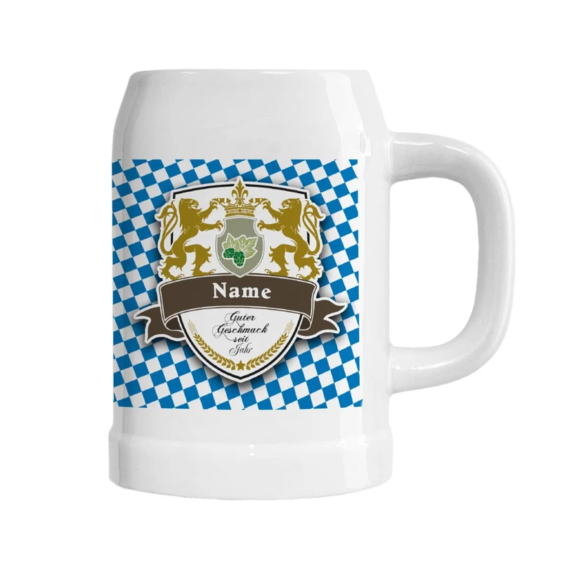 Bierkrug mit eigenem Namen im Löwen-Wappen