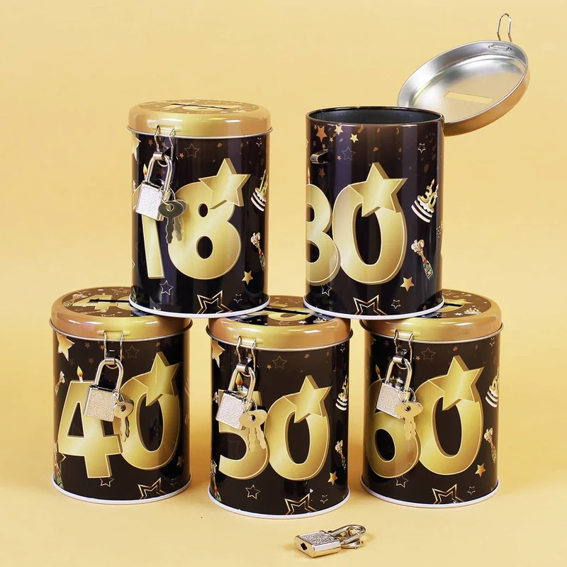 Metall-Spardose zum Geburtstag - schwarz/gold - verschiedene Zahlen