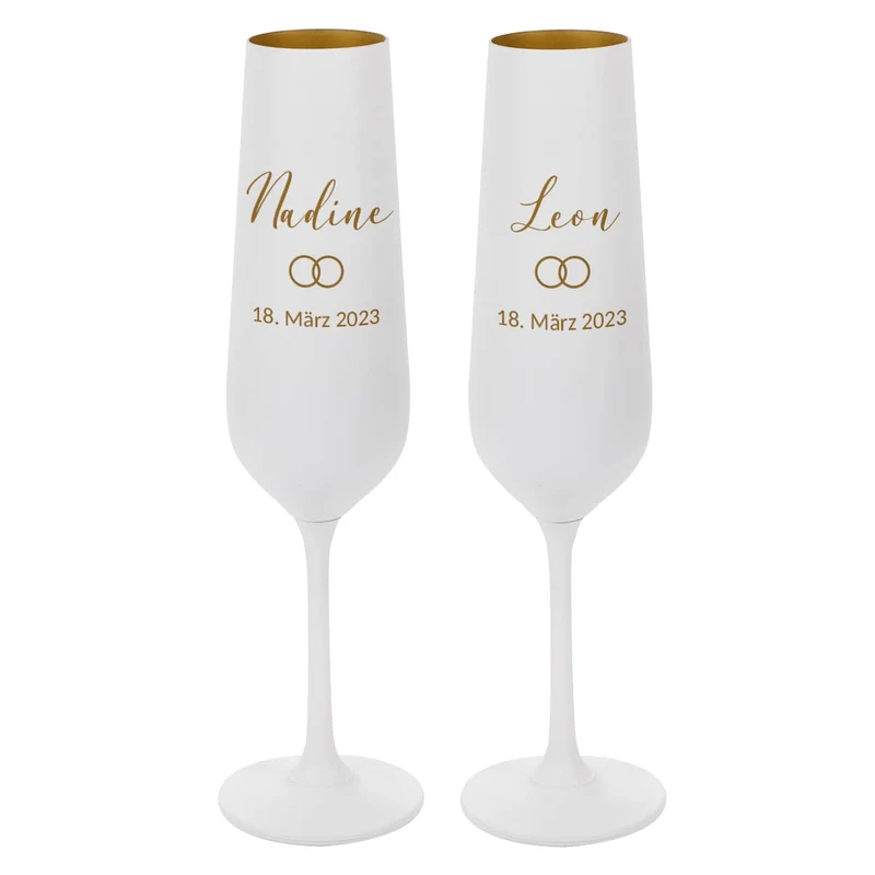 Persönliche Sektgläser zur Hochzeit in weiß-gold