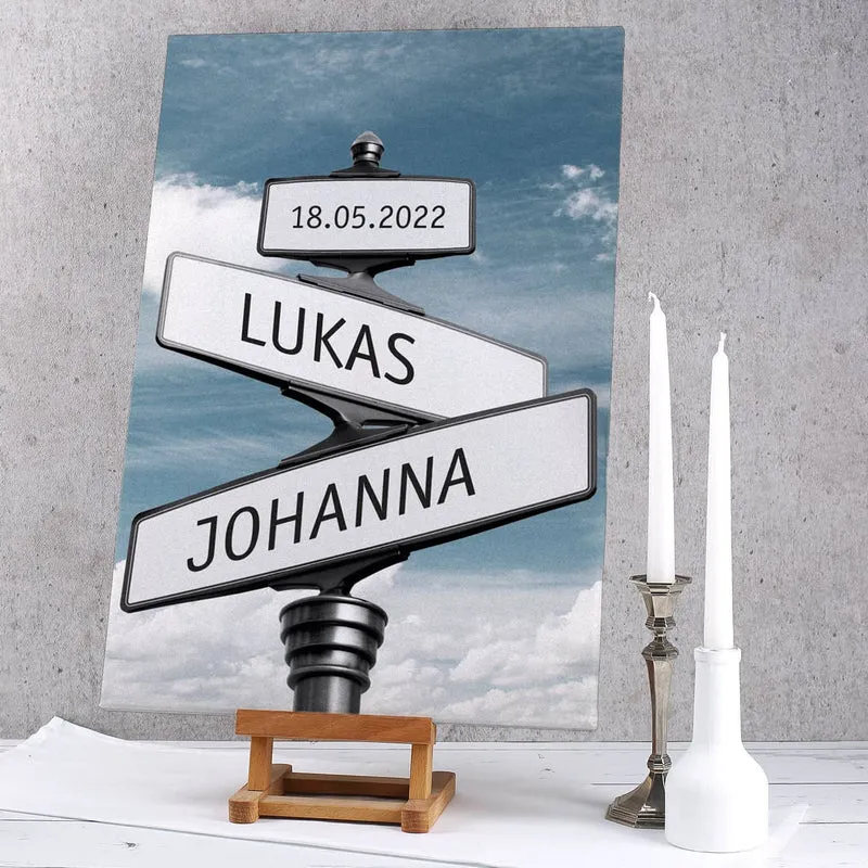 Leinwand zur Hochzeit mit Straßenschildern und Namen