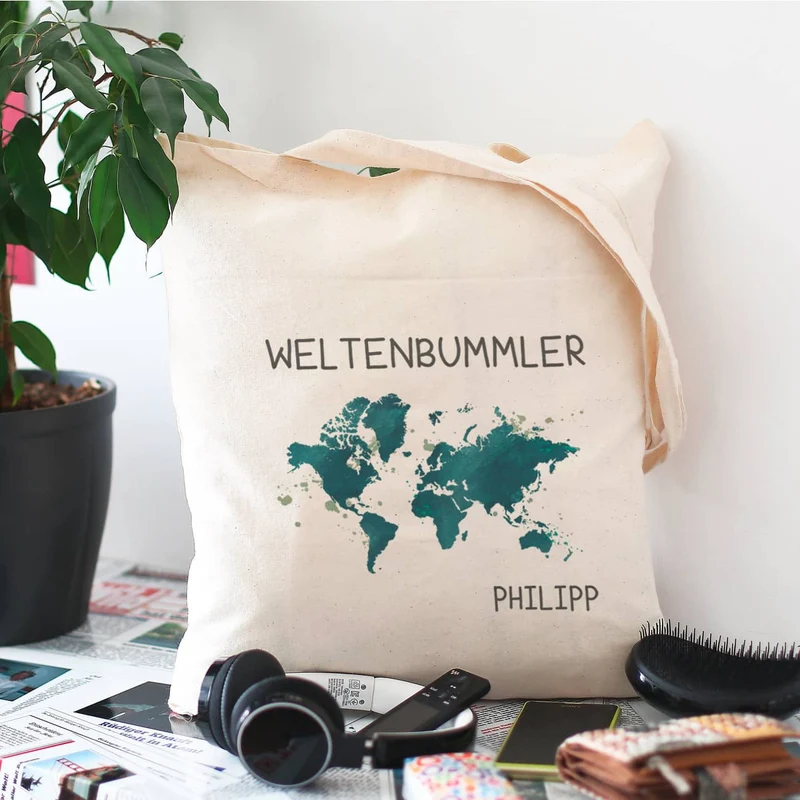Baumwolltasche für Weltenbummler mit Weltkarte und Name