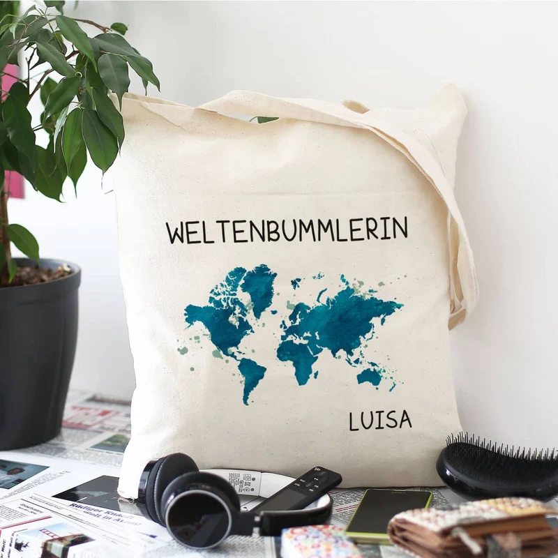 Baumwolltasche für Weltenbummler mit Weltkarte und Name