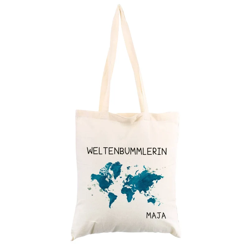 Baumwolltasche für Weltenbummler mit Weltkarte und Name