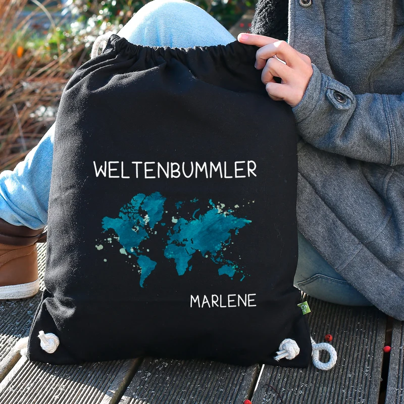 Baumwoll-Sportbeutel für Weltenbummler mit Namen in Schwarz