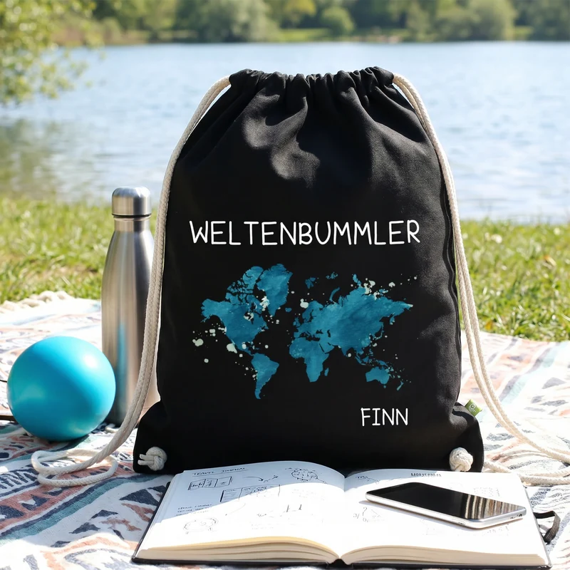 Baumwoll-Sportbeutel für Weltenbummler mit Namen in Schwarz