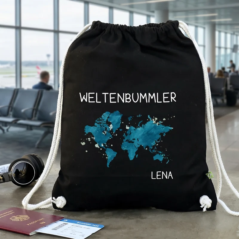 Baumwoll-Sportbeutel für Weltenbummler mit Namen in Schwarz